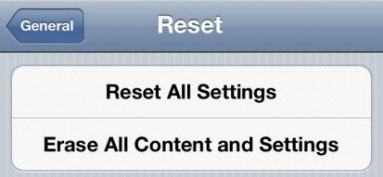 Screenshot of Resetting Options for the iPhone 