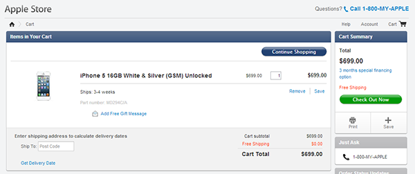 Apple.com CA iPhone 5 GSM Unlocked Cart